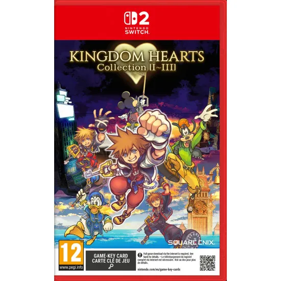 A Nintendo Switch 2 game case featuring Sora, Donald Duck, and Goofy standing before a giant heart-shaped moon amidst various iconic Disney and Final Fantasy heroes